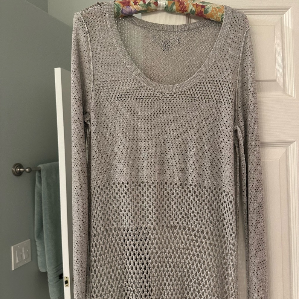Gray Mesh Knit Long Sleeve Top